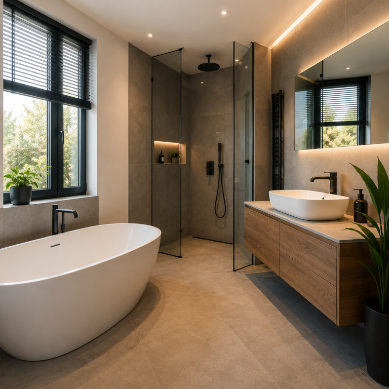 Modernes Badezimmer mit hochwertiger Sanitärausstattung Modern gestaltetes Badezimmer mit Badewanne, Dusche und Waschtisch als Beispiel für hochwertige Sanitär- und Badlösungen.