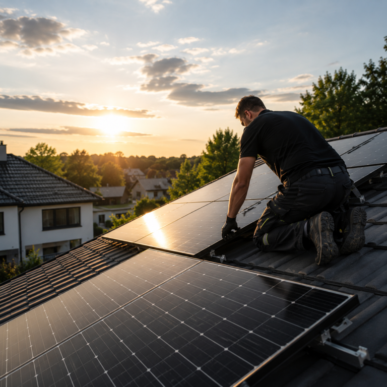 Photovoltaikanlage auf einem Wohnhaus Fachgerechte Installation einer Photovoltaikanlage auf einem Hausdach zur nachhaltigen Erzeugung von eigenem Solarstrom.